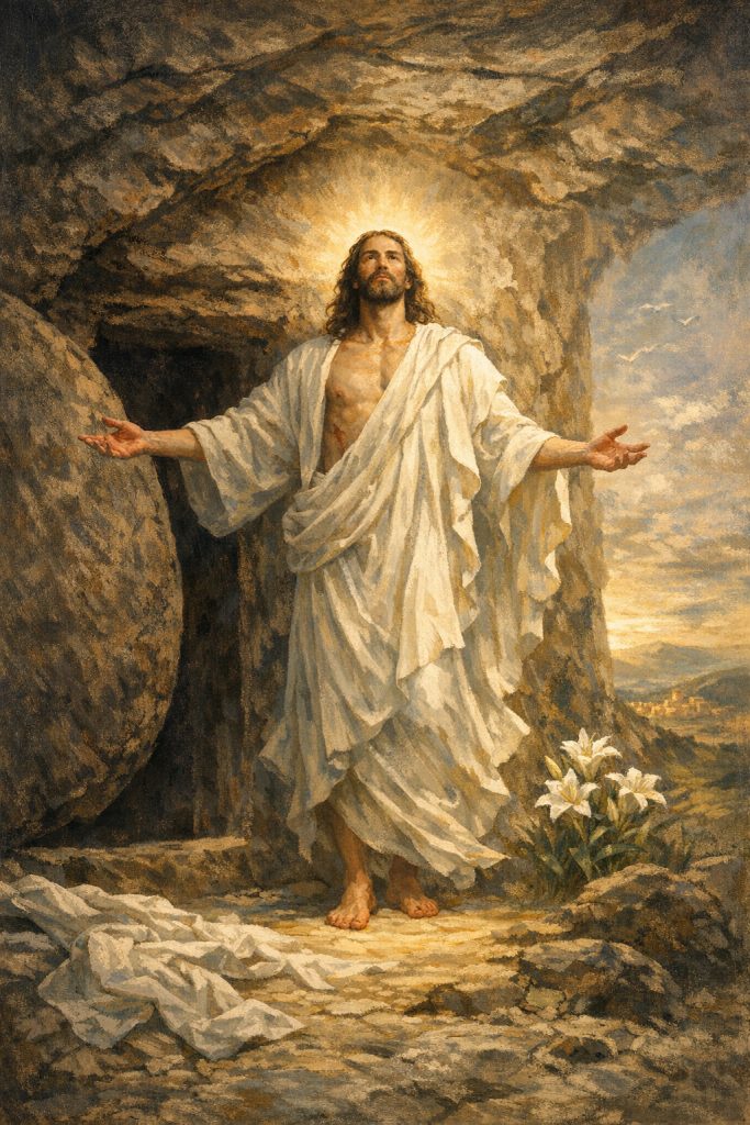 Zmartwychwstały Jezus na tle pustego grobu